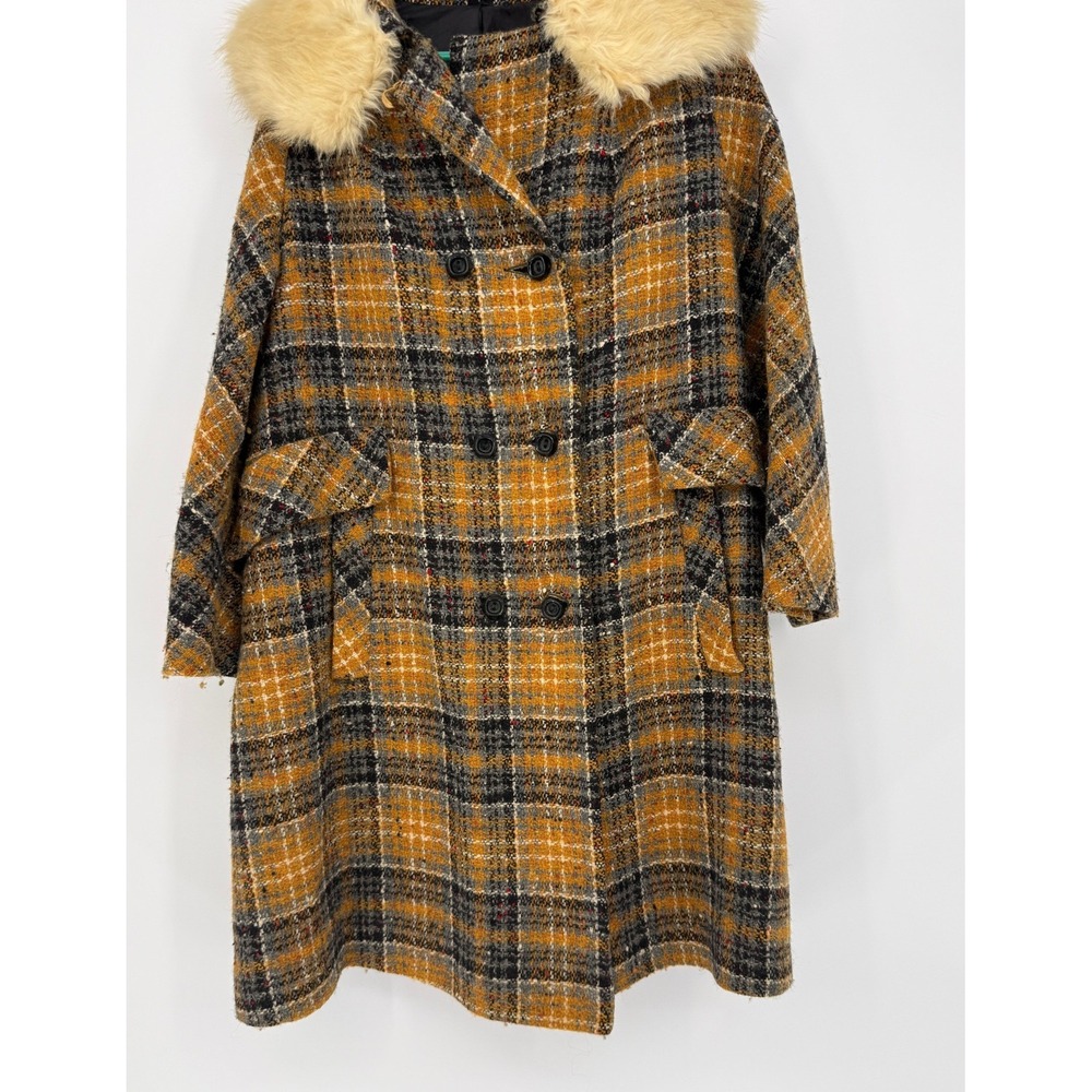 Vintage Union Made Plaid Wool Tweed Coat Genuine Fur Collar Double Breasted M L